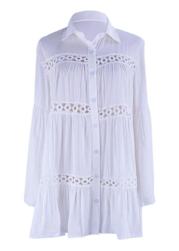 White Peter Pan Collar Hollow Out Cotton Shirt Long Sleeve