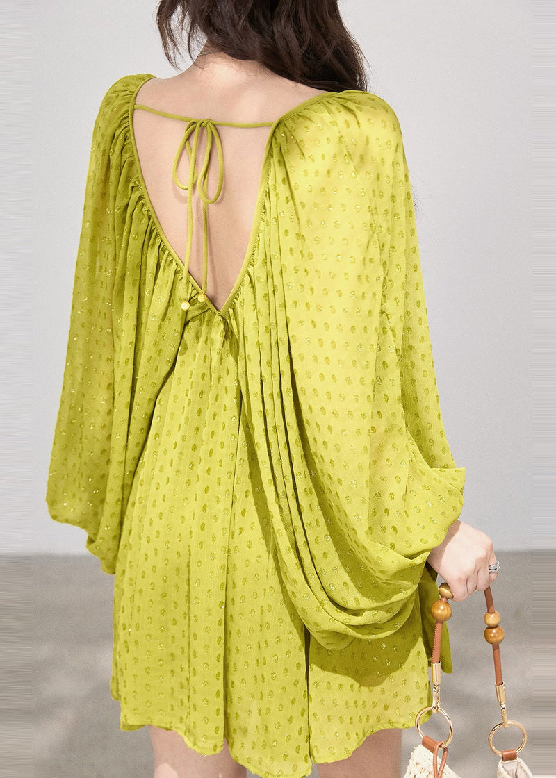 Grass Green Backless Print Cotton Holiday Dress Fall