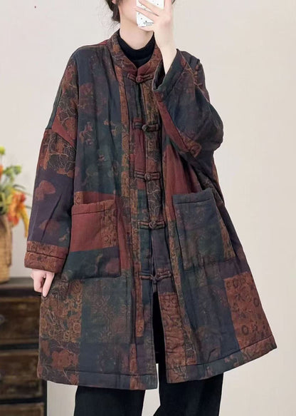 Black Pockets Print Oriental Button Fine Cotton Filled Coat Winter