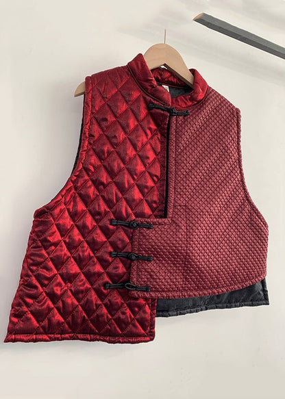 Red Asymmetrical Chinese Button Cotton Blended Waistcoat Sleeveless