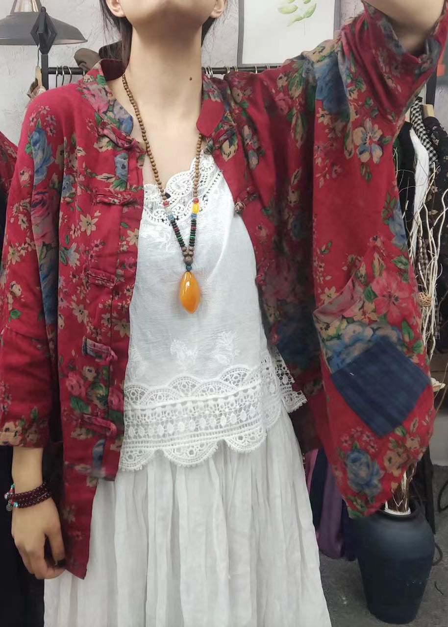 Modern Red Stand Collar Print Button Pockets Cotton Coats Long Sleeve