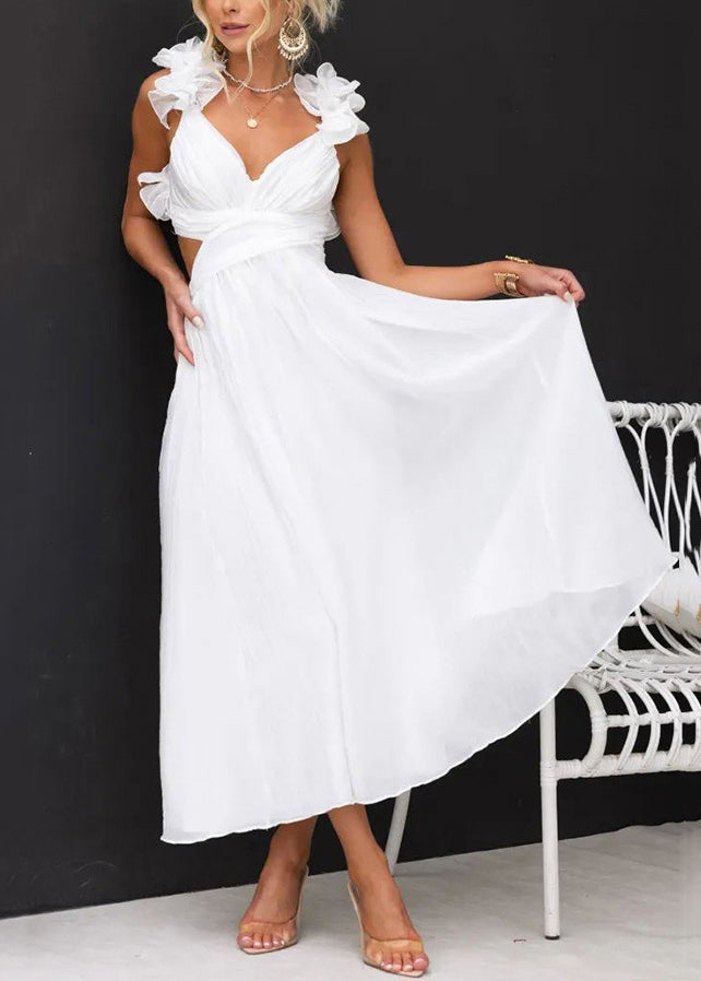 White Wrinkled Cotton Long Dresses Summer