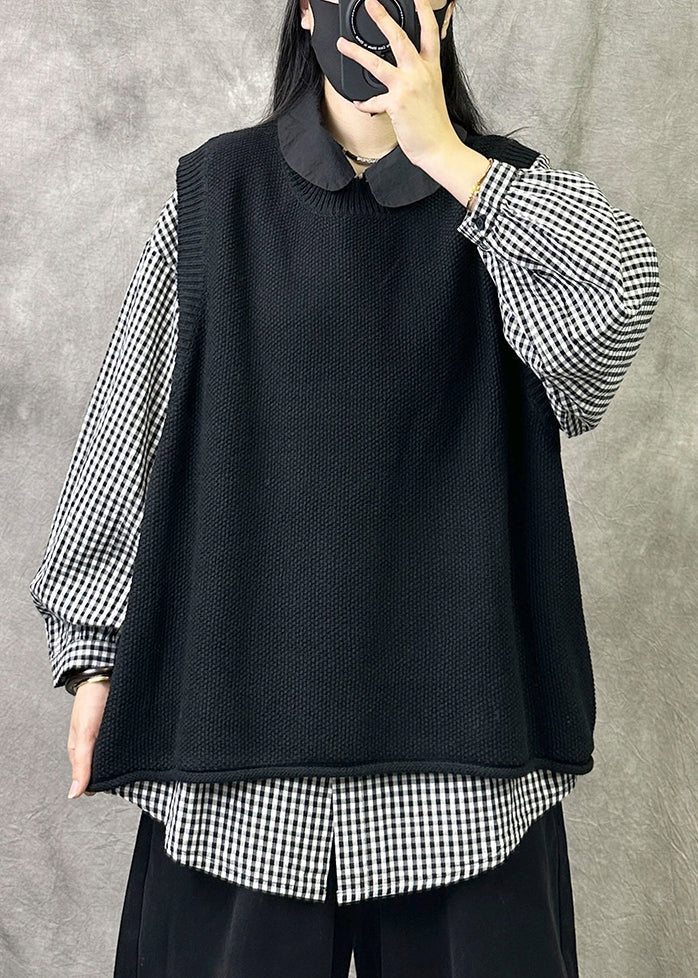 Loose Black O Neck Cozy Knit Waistcoat Sleeveless