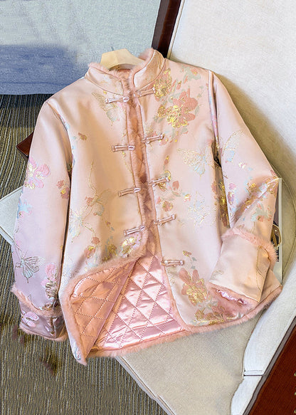 Pink Button Fluffy Patchwork Thick Parkas Winter