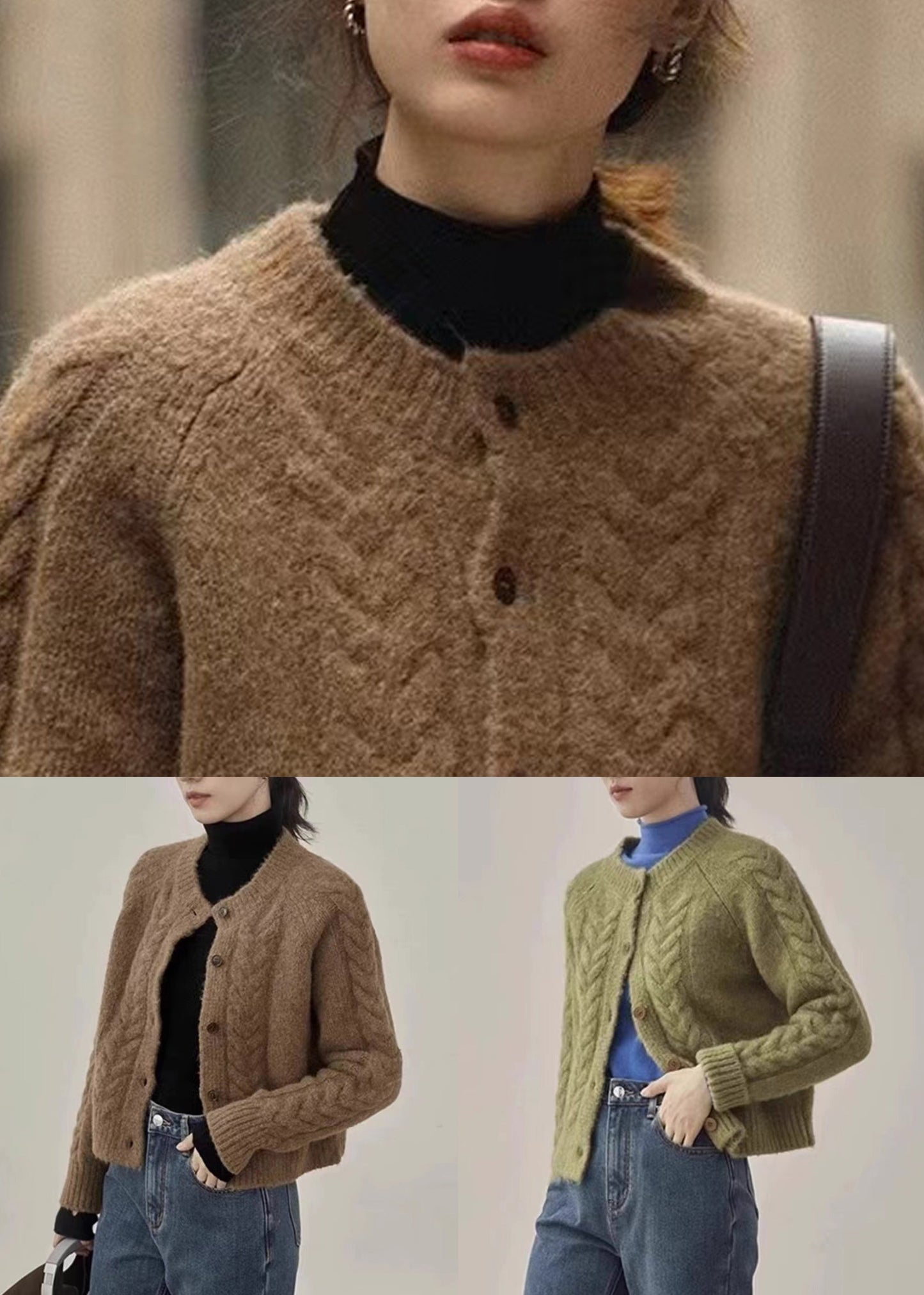 Brown Button Patchwork Warm Knit Coats Fall