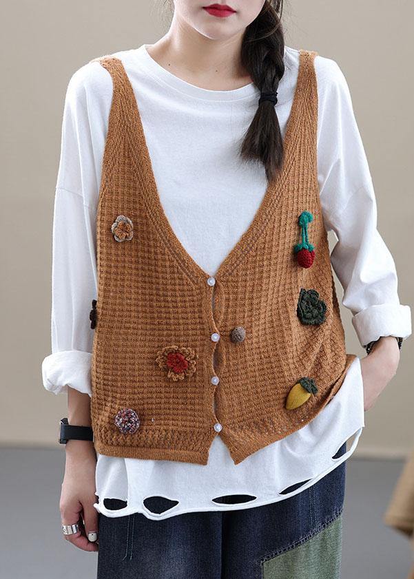 Style Khaki Embroidered Fall Shirt Knit Vest Sleeveless