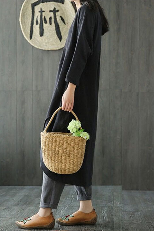 -new Loose Cotton Linen Dress Long Sleeve Dress
