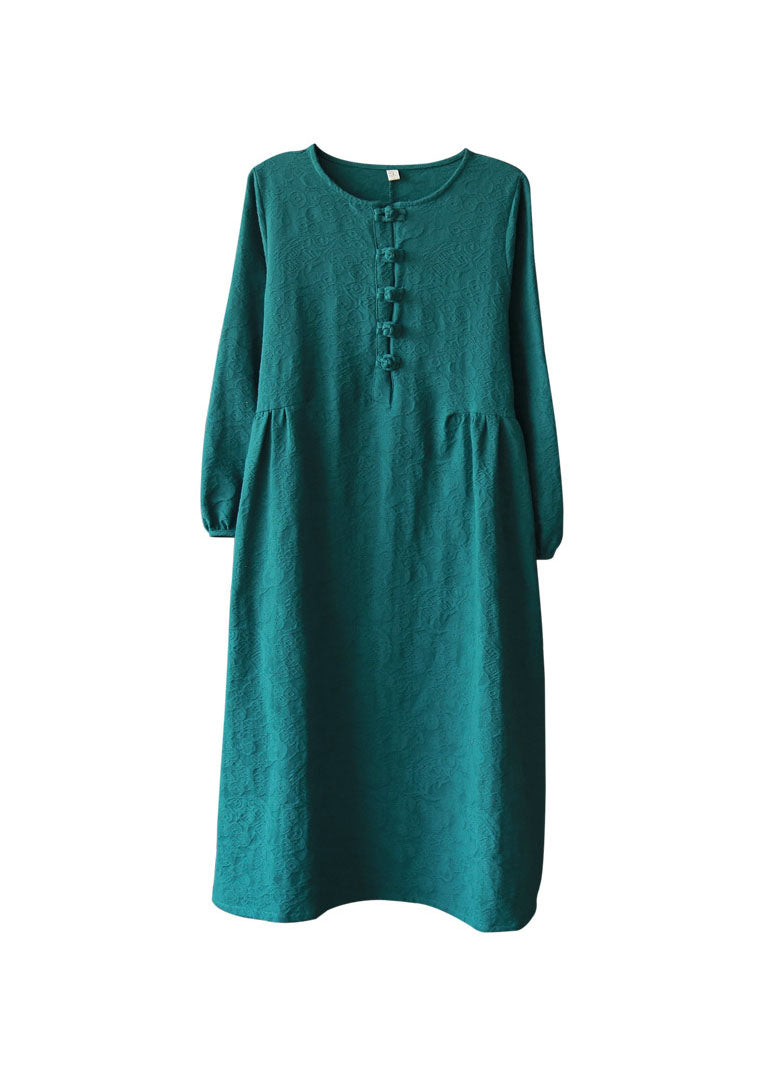 Handmade Peacock Green O-neck Button Cinched Long Dresses Long Sleeve