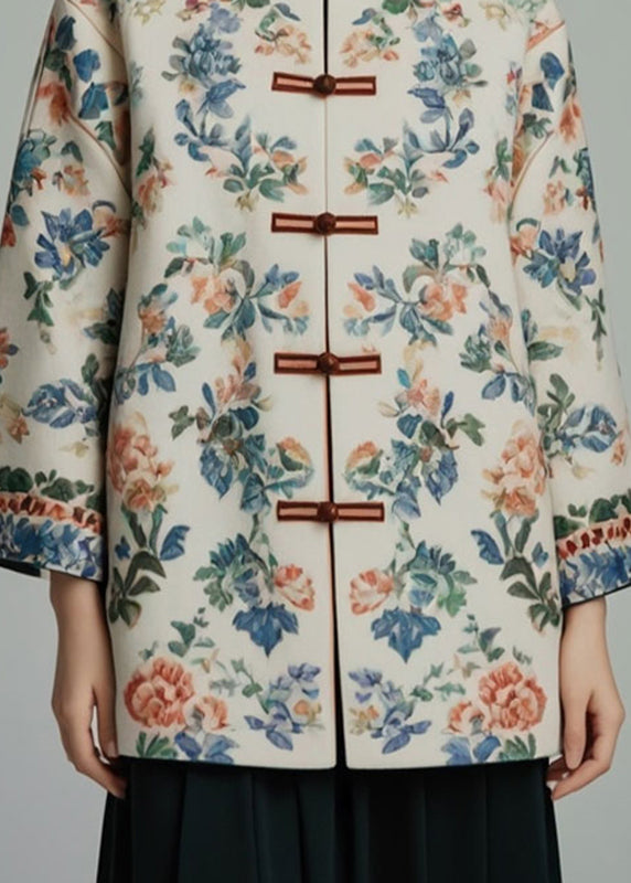 Apricot Stand Collar Print Coats Bracelet Sleeve