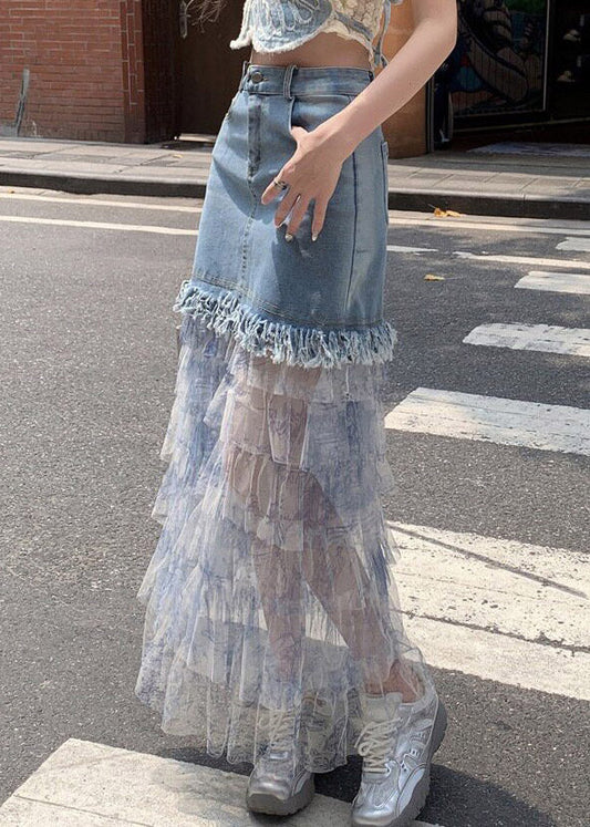 Blue Denim Patchwork Tulle Maxi Cake Skirts Summer