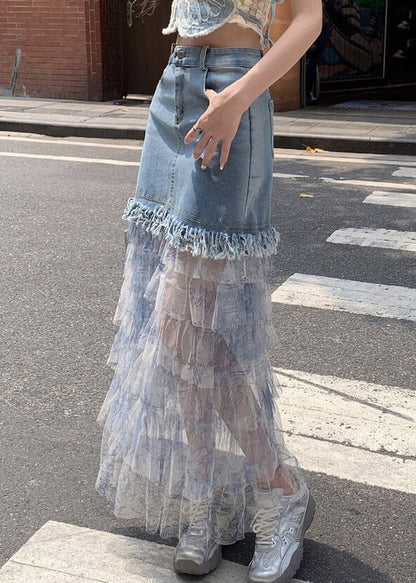 Blue Denim Patchwork Tulle Maxi Cake Skirts Summer