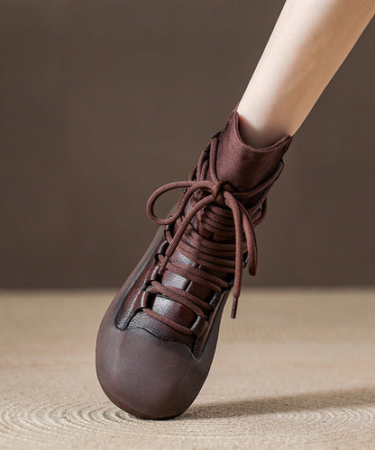 Splicing Platform Boots Black Cowhide Leather Lace Up