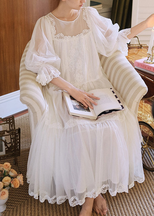 White Wrinkled Lace Patchwork Tulle Pajamas Dresses Half Sleeve