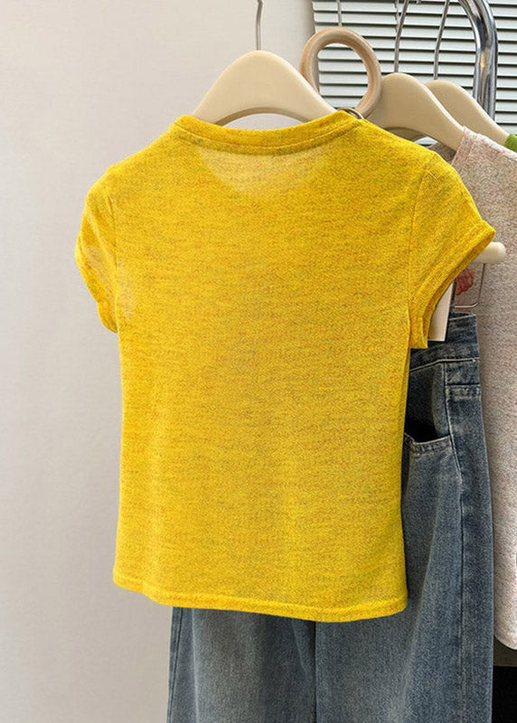 Slim Fit Yellow O-neck Print T Shirt Summer
