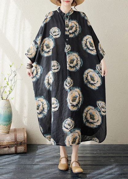 Black Stand Collar Print Long Dress Long Sleeve