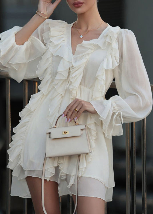 Boutique Apricot V Neck Ruffled Lace Up Chiffon Mini Dress Spring
