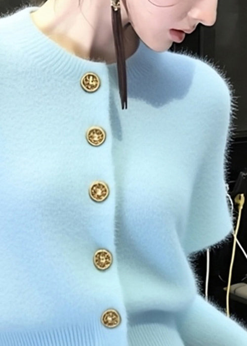 Blue O Neck Button Knit Short Sweater Winter