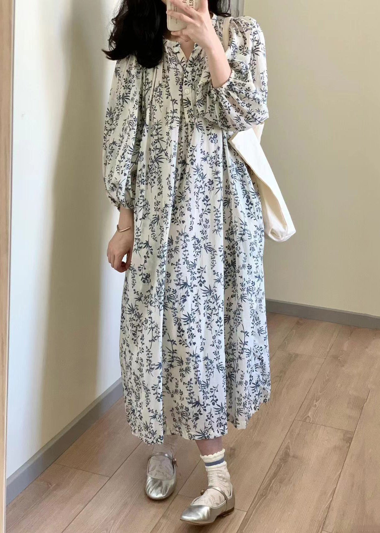 Button Print Tie Waist Cotton Long Dress Summer