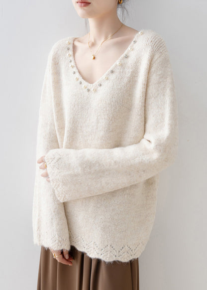 White V Neck Nail Bead Knit Pullover Spring