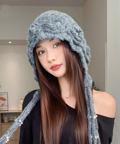 Handmade Beige Flower Thickened Warm Pearl Tassel Knitted Hat