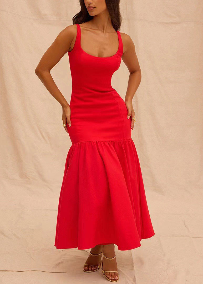 Fitted Red Wrinkled Patchwork Cotton Spaghetti Strap Dress Summer