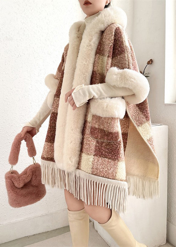 Orange Fur Collar Tasseled Warm Fleece Cape Coats Half Sleeve