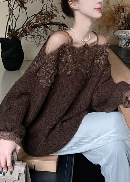 Diy Brown Oversized Lace Patchwork Knit Pullover Winter