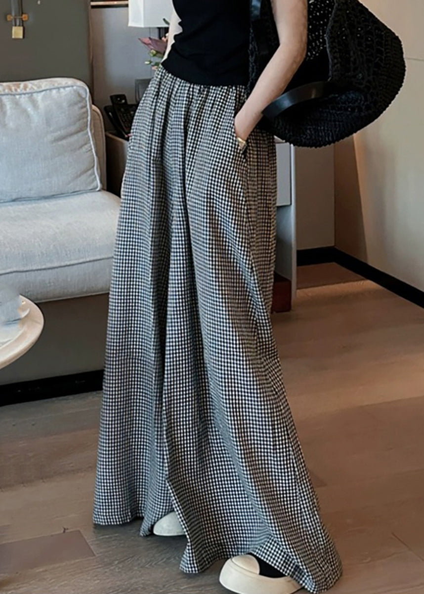 Black Plaid Pockets Elastic Waist Wide Leg Pants