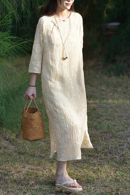 Summer Ramie Embroidered Dress Apricot Texture Maxi Dress