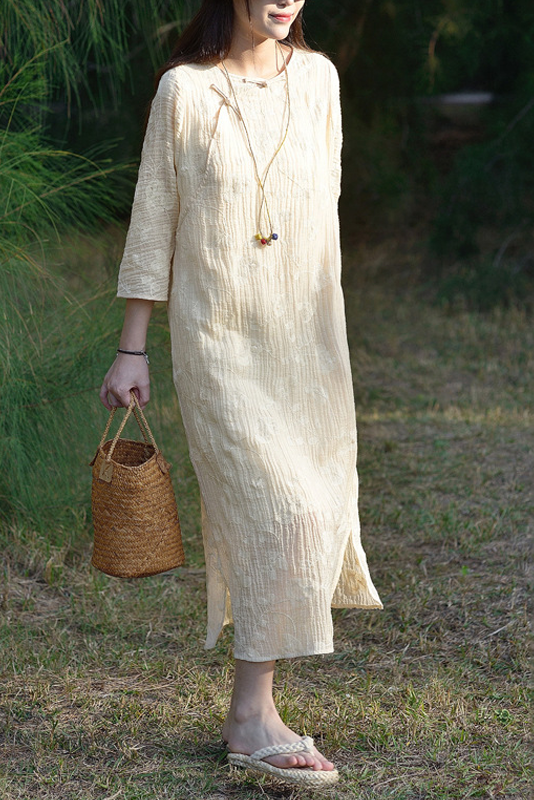 Summer Ramie Embroidered Dress Apricot Texture Maxi Dress