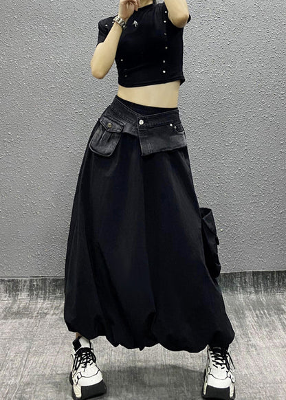 Style Black Pockets Patchwork Cotton Skirts Summer