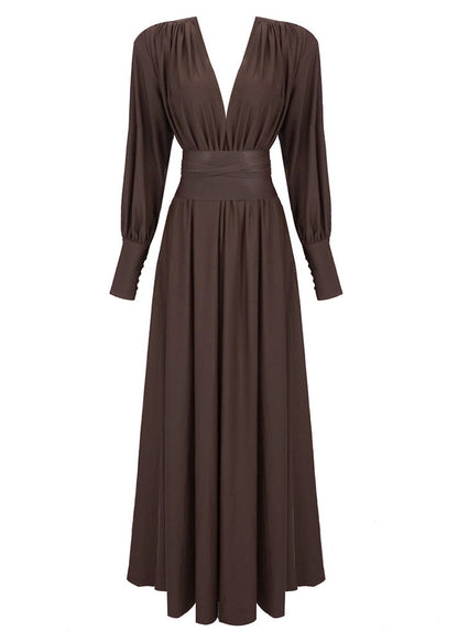 Coffee V Neck Patchwork Slim Fit Cotton Dresses Fall