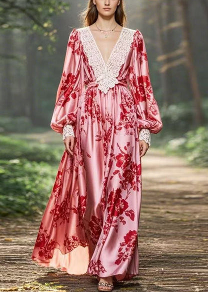 Pink V Neck Print Original Design Chiffon Long Dresses Spring