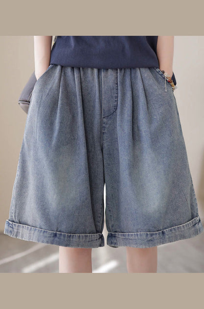 Light Blue Pockets Patchwork Cotton Denim Shorts