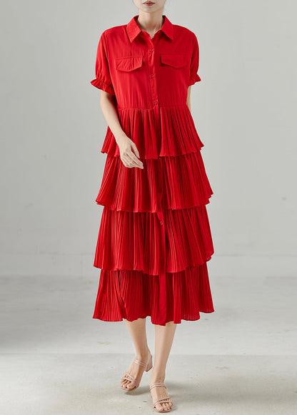 Red Peter Pan Collar Patchwork Chiffon Dress Summer