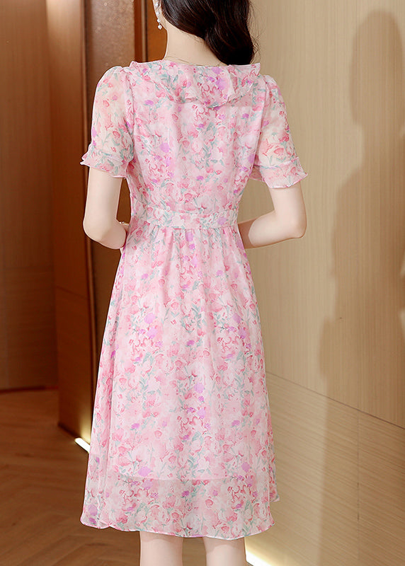 Pink V Neck Ruffled Print Chiffon Dress Summer