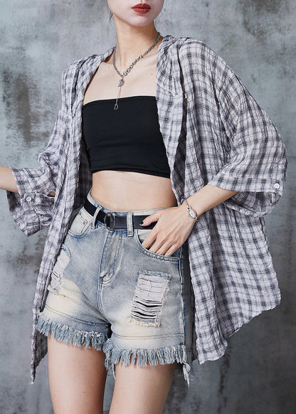 Grey Oversized Plaid Cotton Shirt Summer