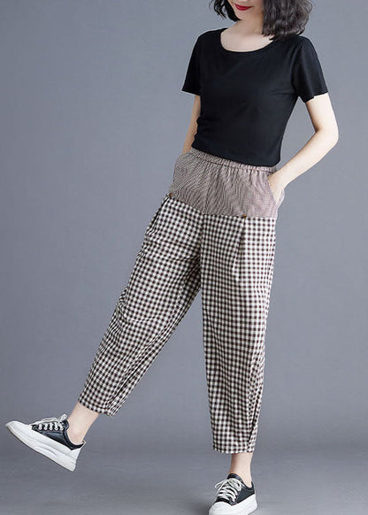 Khaki Plaid Elastic Waist Patchwork Linen Harem Pants Summer