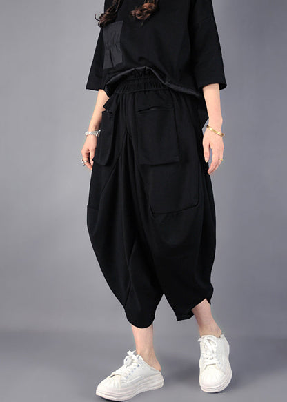 Black Asymmetrical Cotton Harem Pants Spring