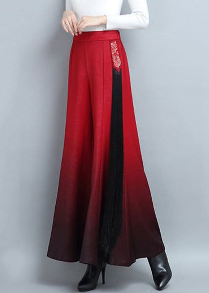 Red Embroidered High Waist Cotton Wide Leg Pants