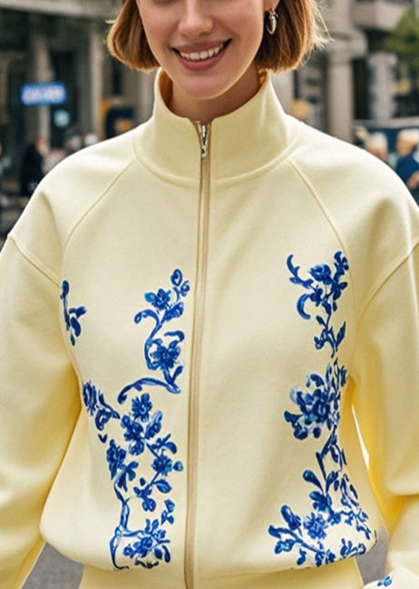 Yellow Stand Collar Print Cotton Jacket Fall