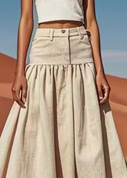 Khaki High Waist Patchwork Linen Skirts Summer