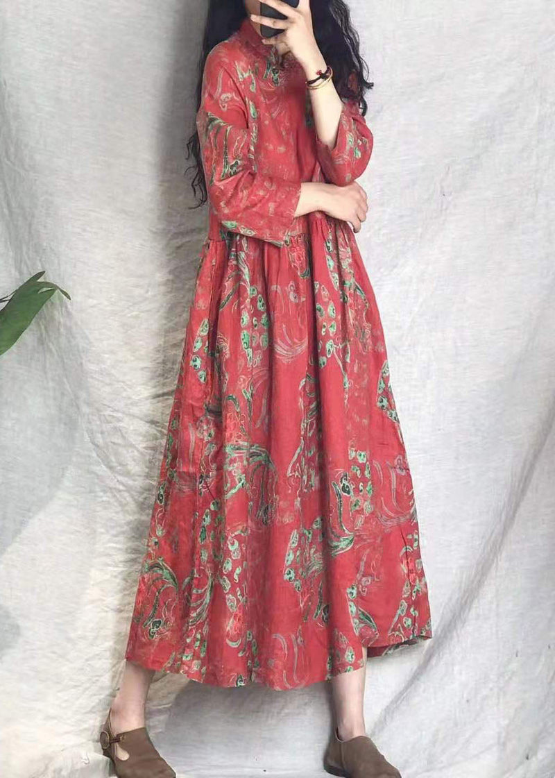 Red Cinched Stand Collar Print Linen Long Dresses Spring