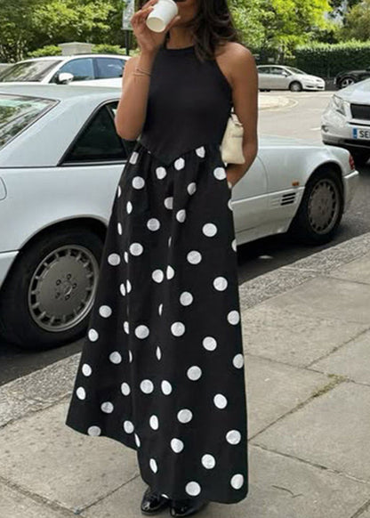 New Black Dot Print Patchwork Cotton Dresses Sleeveless