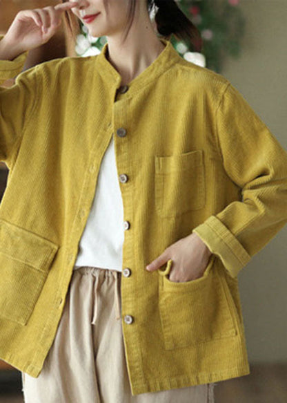 Boutique Yellow Stand Collar Pockets Corduroy Coats Fall