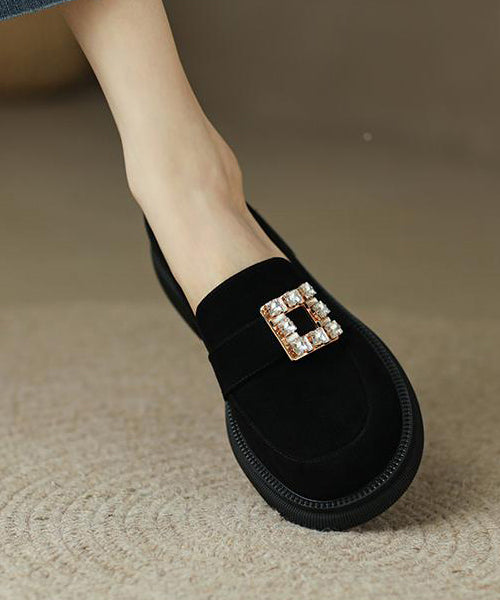 Brown Chunky Suede Zircon Splicing Loafer Shoes