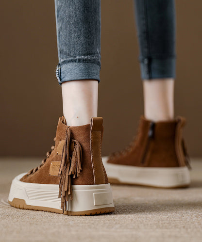 Coffee Tassel Lace Up Splicing Suede Boots