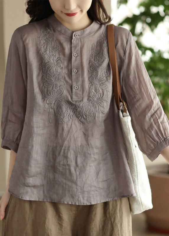 Orange Stand Collar Embroidered Shirt Long Sleeve
