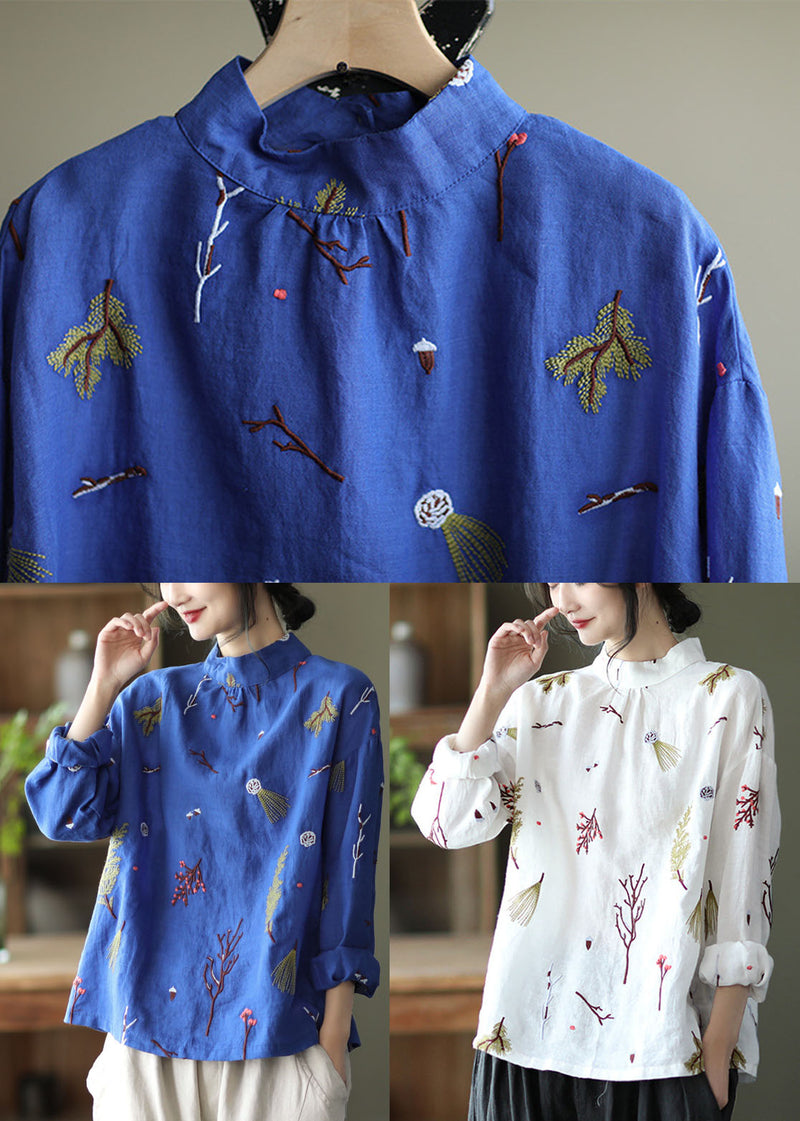 Stylish Yellow Flower Embroidered Retro Linen Blouse Tops Spring