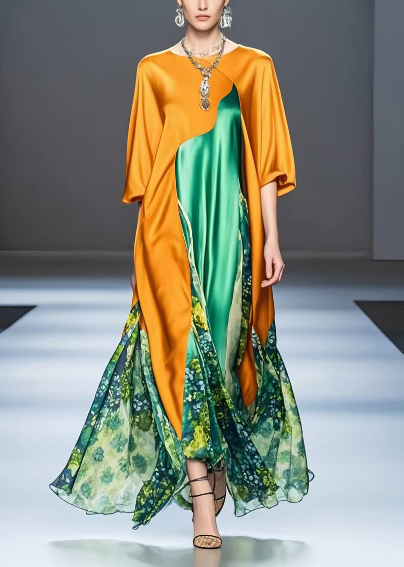 Unique Orange Asymmetrical Patchwork Silk Robe Dresses Half Sleeve